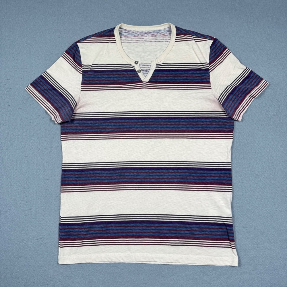 INC International Concept Henley Shirt Men Large White Slub Striped Short Sleeve